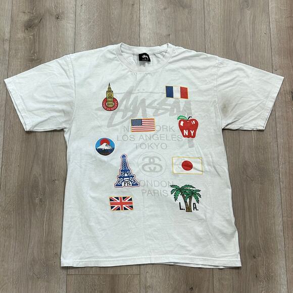 Stussy World Tour Flags Tee T Shirt Size Medium M White B2 - Picture 1 of 6